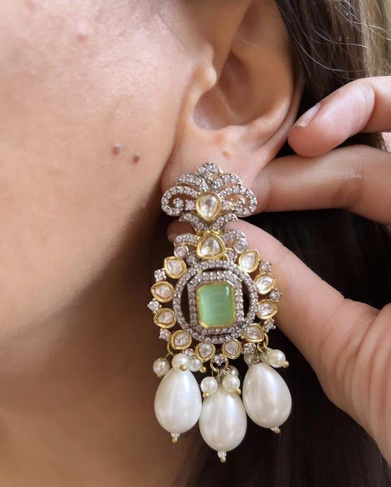 Mint Green Victorian-Style Long Kundan Necklace | Raani Haar | Artificial Indian Jewelry | South Asian Bridal Jewelry | Pakistani Jewelry image 3
