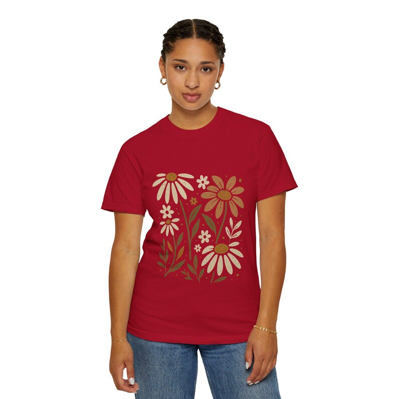 Floral Unisex Garment-Dyed T-Shirt, Summer Tee, Gift for Her, Casual Tee, Botanical Shirt, Gift for Grandmother Red