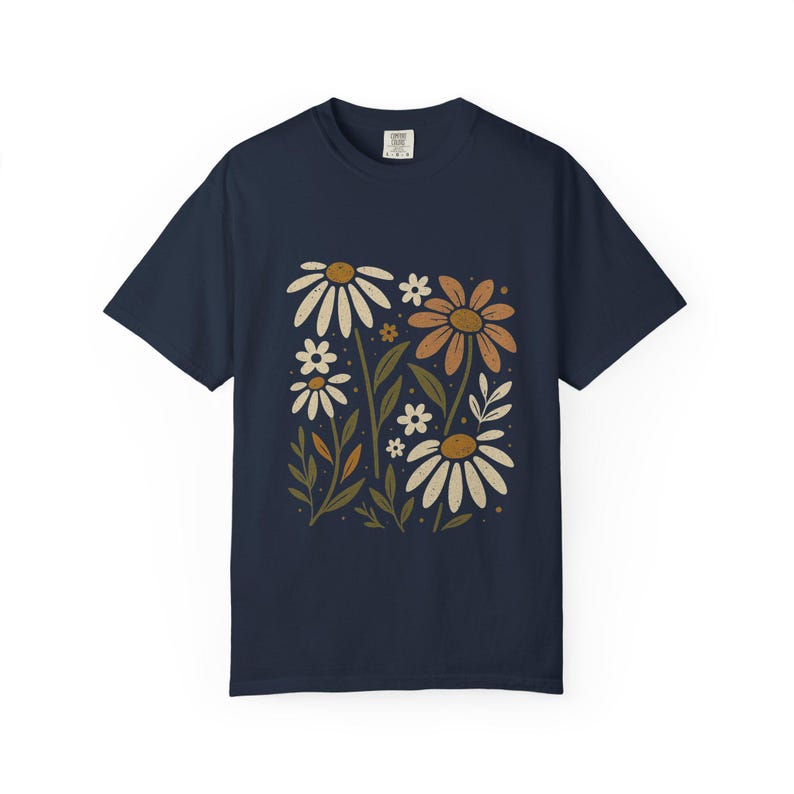 Floral Unisex Garment-Dyed T-Shirt, Summer Tee, Gift for Her, Casual Tee, Botanical Shirt, Gift for Grandmother Navy