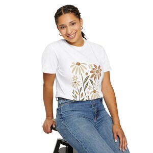 Floral Unisex Garment-Dyed T-Shirt, Summer Tee, Gift for Her, Casual Tee, Botanical Shirt, Gift for Grandmother White