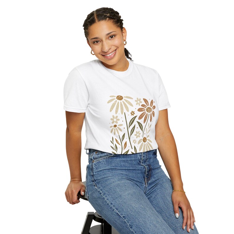 Floral Unisex Garment-Dyed T-Shirt, Summer Tee, Gift for Her, Casual Tee, Botanical Shirt, Gift for Grandmother White