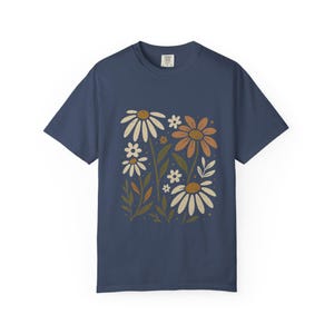 Floral Unisex Garment-Dyed T-Shirt, Summer Tee, Gift for Her, Casual Tee, Botanical Shirt, Gift for Grandmother Midnight