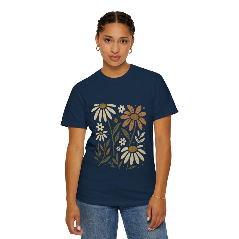 Floral Unisex Garment-Dyed T-Shirt, Summer Tee, Gift for Her, Casual Tee, Botanical Shirt, Gift for Grandmother True Navy