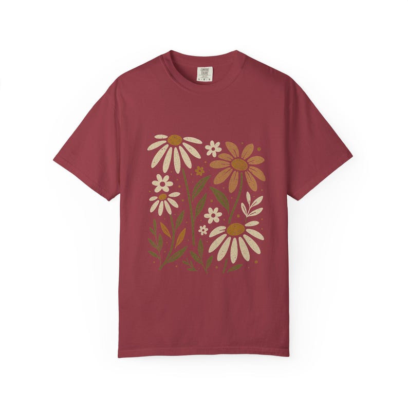 Floral Unisex Garment-Dyed T-Shirt, Summer Tee, Gift for Her, Casual Tee, Botanical Shirt, Gift for Grandmother Chili