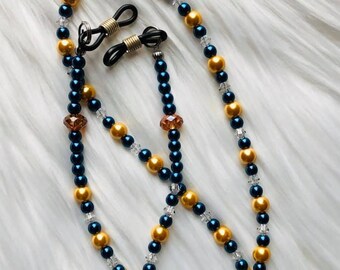 Eyeglass Neck Strap in Blue and Gold Glass Pearl and Swarovski Crystal