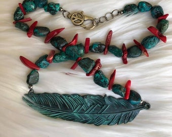 Turquoise and Red Coral Feather Pendant Necklace