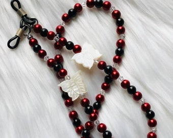 Eyeglass Neck Strap in Red and Black Glass Pearl and Swarovski Crystal