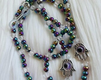Eyeglass Chains in Rainbow Hematite and Crystal Quartz