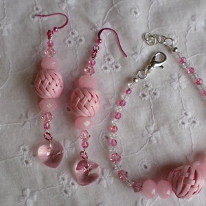 Pink Swarovski Crystal and Glass Bracelet/Anklet and Earrings Set image 1