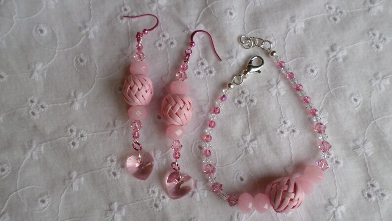 Pink Swarovski Crystal and Glass Bracelet/Anklet and Earrings Set image 1