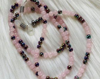 Rose Quartz and Rainbow Hematite Eyeglass Chain