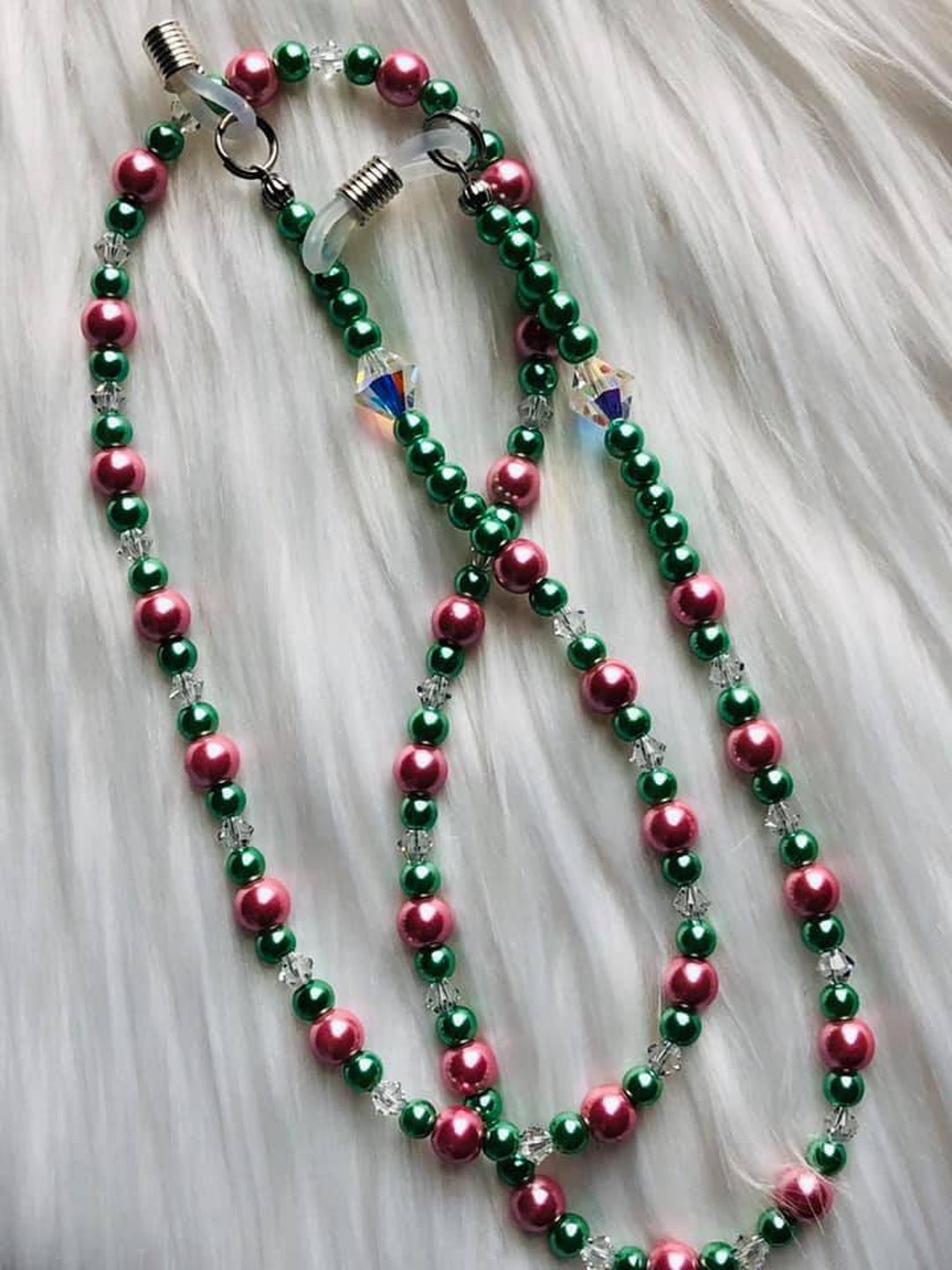 Eyeglass Neck Strap in Green and Pink Glass Pearl and Swarovski Crystal