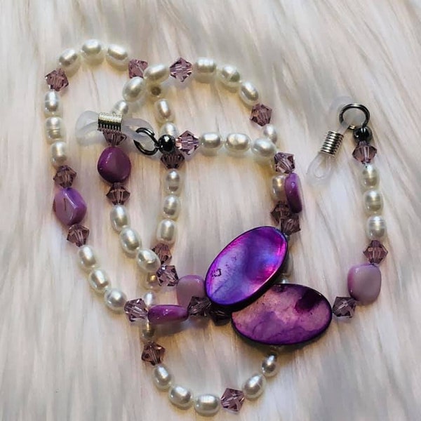 Eyeglass Neck Strap in Purple Mother of Pearl and Swarovski Crystal