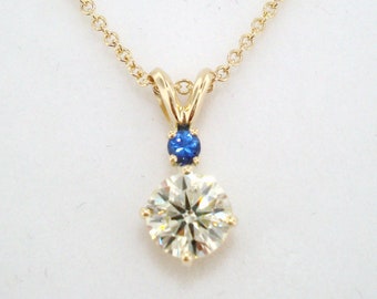Diamond & Blue Sapphire Solitaire Pendant Necklace 0.68 Carat 14K Yellow Gold Certified handmade
