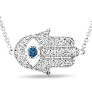 Diamond Hamsa Pendant, Hamsa Necklace, Large Evil Eye Pendant, 0.93 Carat 14K White Gold Unique Handmade Pave Certified