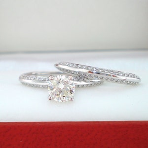Diamond Engagement Ring Set, Wedding Rings Sets, 1.04 Carat 14K White Gold Handmade Micro Pave Set