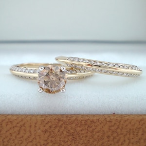 Champagne Diamond Engagement Ring Set, Champagne Diamond Wedding Sets, 14K Yellow Gold Micro Pave 1.14 Carat Handmade