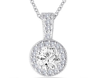 1.23 Carat Diamond Pendant, Diamond Necklace, Halo Pendant, GIA Certified 14K White Gold Pave Handmade