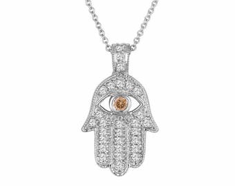 0.37 Carat Hamsa Diamond Pendant Necklace, Fancy Champagne Diamond Eye, 14K White Gold, Rose Gold Or Yellow Gold Unique Handmade Micro Pave