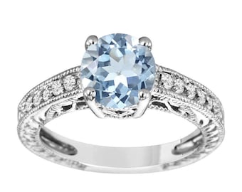 Aquamarine Engagement Ring, 1.50 Carat 14K White Gold, Rose Gold, Black Gold Or Platinum Vintage Bridal Ring Unique Handmade