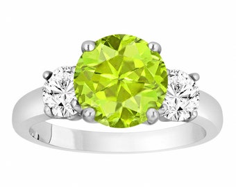 Peridot and Diamonds Three-Stone Ring: 14k White Gold, Vintage Style