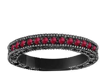 Rubin Halbe Eternity Trauring, 0.26 Karat 14K Schwarzgold Vintage Style Handmade Zertifiziert