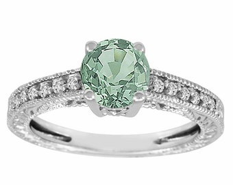 1.15 Carat Green Sapphire and Diamonds Engagement Ring 14K White Gold Antique Vintage Style Engraved
