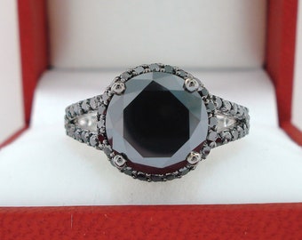 4.78 Carat Fancy Black Diamond Engagement Ring, Huge Black Diamond Wedding Ring, 14K White Gold Certified Handmade Halo Pave Set