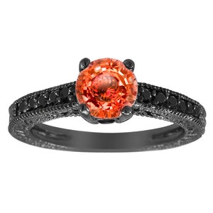 Orange Sapphire Engagement Ring 14K Black Gold Vintage Style 1.25 Carat Antique Style Engraved Certified Handmade Unique
