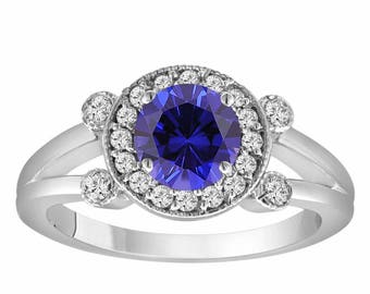 1.12 Carat Sapphire Engagement Ring, Blue Sapphire and Diamond Wedding Ring 14K White Gold Unique Halo Pave Handmade Certified