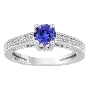 Platinum Tanzanite Engagement Ring, With Diamonds Wedding Ring, Unique Vintage Style 1.05 Carat Pave Handmade Certified