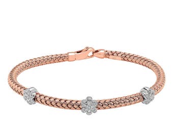 Rose Gold Diamond Bracelet, Flower Bangle Bracelet, Mesh Bangle Bracelet, Floral Bracelet, 0.25 Carat Handmade Pave Set Two Tone Gold