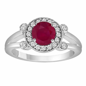 1.12 Carat Ruby Engagement Ring, Ruby and Diamonds Wedding Ring, 14K White Gold Unique Halo Pave Handmade Certified
