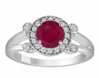 1.12 Carat Ruby Engagement Ring, Ruby and Diamonds Wedding Ring, 14K White Gold Unique Halo Pave Handmade Certified