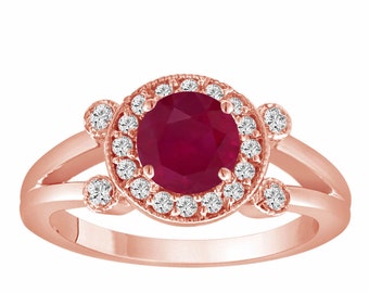 Red Ruby Engagement Ring 14K Rose Gold 1.12 Carat With Side Diamonds Unique Halo Pave Handmade Certified