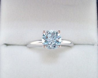 Aquamarine Solitaire Engagement Ring, Aquamarine Ring, 0.90 Carat Certified 14K White Gold handmade