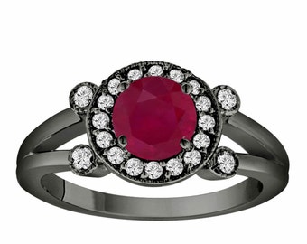 Red Ruby Engagement Ring 14K Black Gold Vintage Style 1.12 Carat With Side Diamonds Unique Halo Pave Handmade Certified