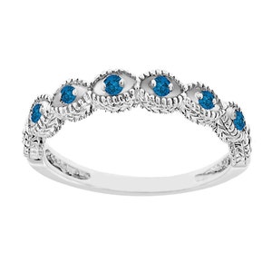 Blue Diamonds Wedding Band, Blue Diamond Wedding Ring, 0.10 Carat 14K White Gold Vintage Antique Style Engraved Certified