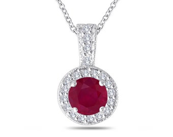 Ruby Pendant Necklace, Ruby and Diamonds Pendant Necklace, 14K White Gold 1.23 Carat Halo Pave Handmade