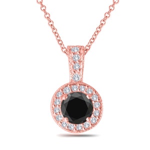 1.23 Carat Black Diamond Pendant, Rose Gold Necklace, Halo Pave Certified Handmade
