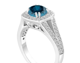 Platinum Blue Diamond Engagement Ring, Halo Engagement Ring, 1.57 Carat Bridal Handmade Unique Pave