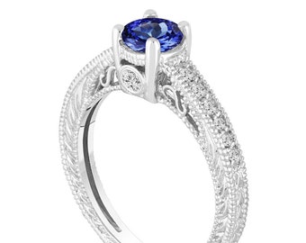 Tanzanite Engagement Ring, With Diamonds Wedding Ring 14K White Gold Unique Vintage Style 1.05 Carat Pave Handmade Certified