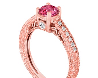 0.70 Carat Pink Sapphire Engagement Ring, Rose Gold Sapphire Wedding Ring, Unique Vintage Style Pave Handmade Certified