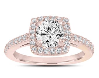 Handmade 1.38 Carat Round Diamond Halo Engagement Ring, 14K Rose Gold