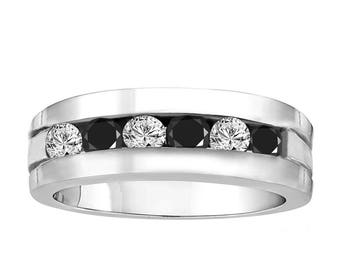 Mens Diamonds Wedding Ring, Alternating Black and White Diamonds Wedding Band, 1.60 Carat Anniversary Band 14K White Gold 7.5 mm Unique