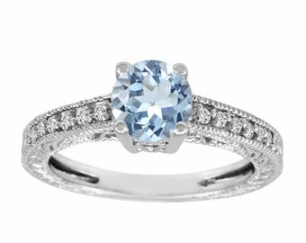 Aquamarine Engagement Ring, Aquamarine and Diamonds Engagement Ring, 1.00 Carat 14K White Gold Antique Style Engraved Handmade