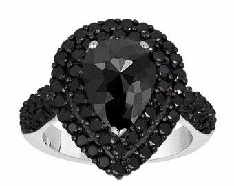 Pear Rose Cut Black Diamond Engagement Ring: Double Halo, 14k White Gold
