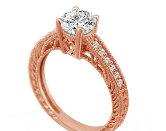 0.64 Karat Diamant Verlobungsring 14K Rose Gold Filigrane Handgemacht Antiken Stil Graviert Zertifiziert