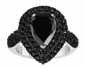 3.63 Carat Pear Black Diamond Engagement Ring: 14k White Gold Double Halo