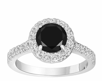 Fancy Black Diamonds Engagement Ring 1.68 Carat 14K White Gold Halo Handmade